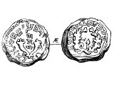 Half Shekel, copper, of Antigonus, the Greek name for Mattathias. Left: two cornucopiae &`;Mattathias the High Priest and the confederation of the Jews&`; (Hebrew). Right: wreath, &`;King Antigonus&`; (Greek)